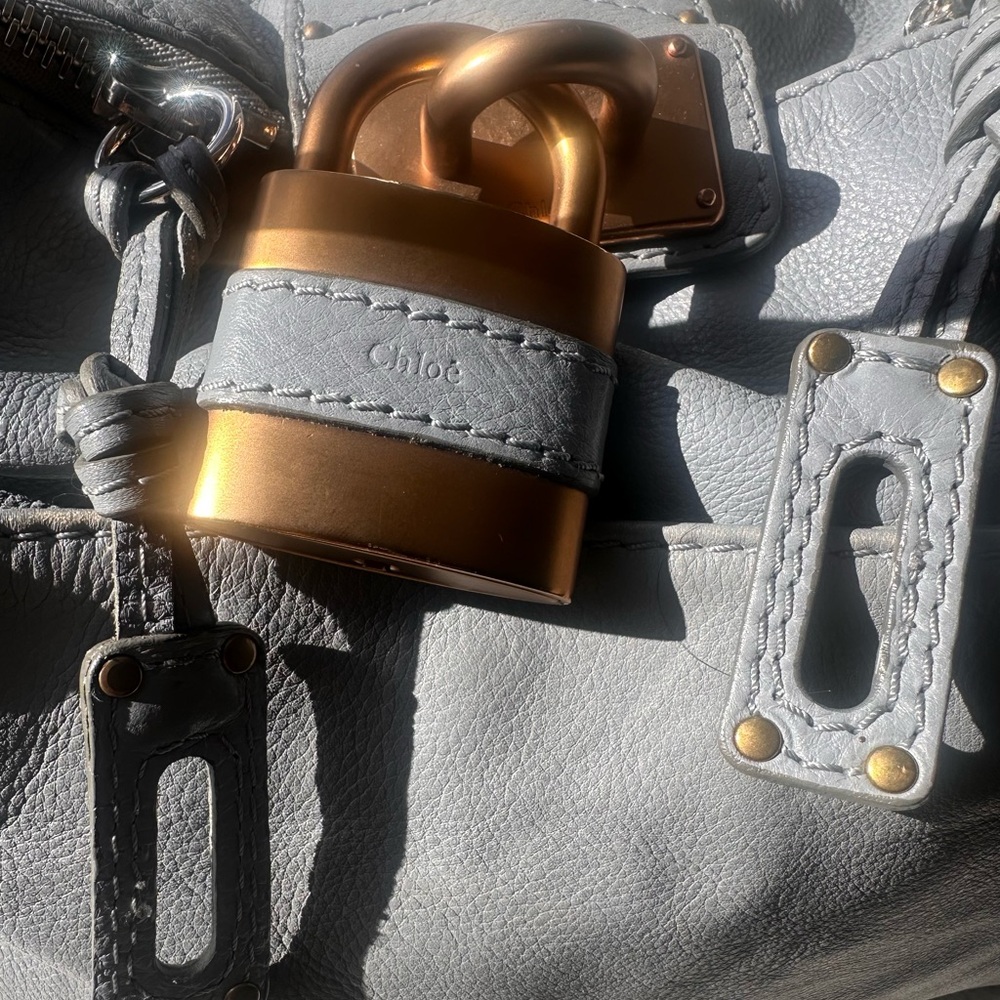 Chloé Blue Gray Paddington Leather Handbag with Gold Accents